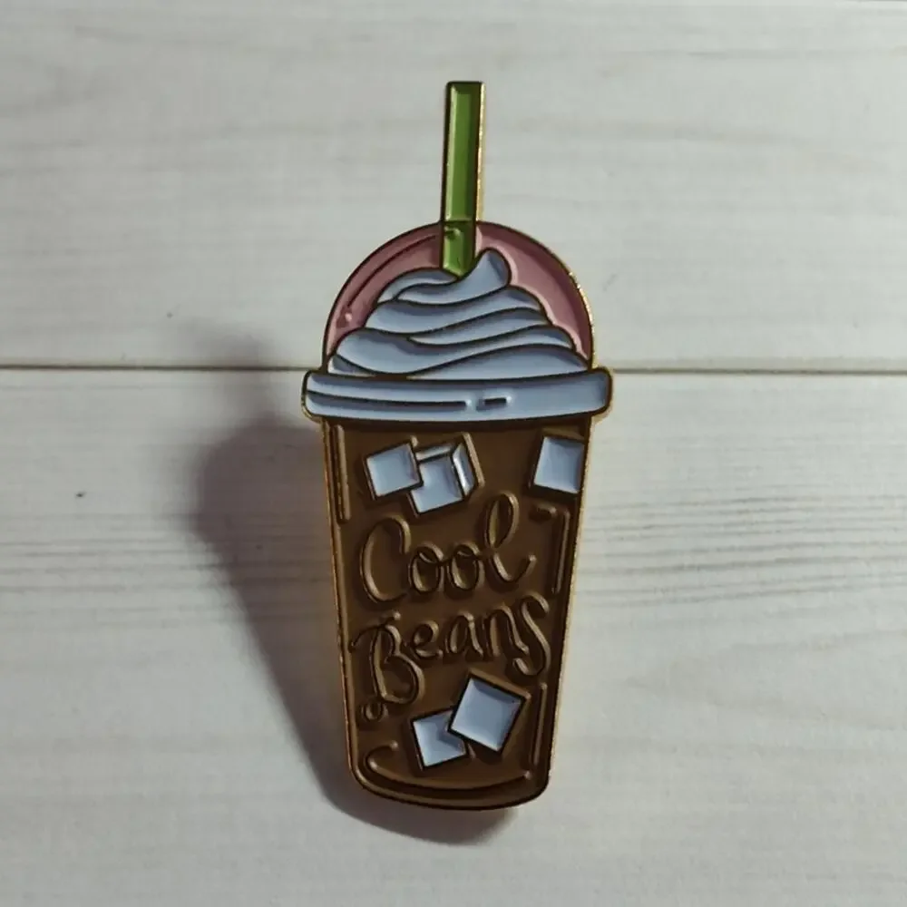 Funny Iced Coffee - Cool Beans Pin Humor Lapel Hat Badge